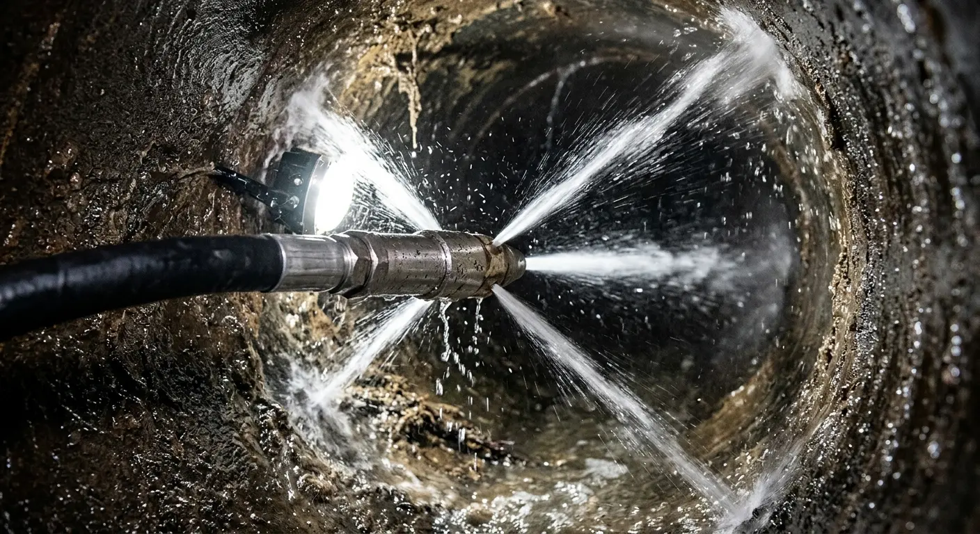 High-pressure hydro jetting nozzle cleaning sewer pipe for Emergency Drain Service in Cairo